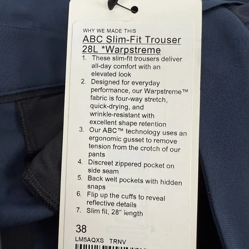 NWT Lululemon ABC Slim Fit Trouser Pants Men‎ 38 x 28 Chino Navy Blue Warpstreme
